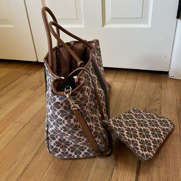 Kate Spade Medium Everything Tote Bag pink green w pouch - Picture 3 of 16